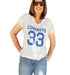 White V-neck T-shirt with blue 'COWBOYS 33' print, perfect for a casual and stylish look.